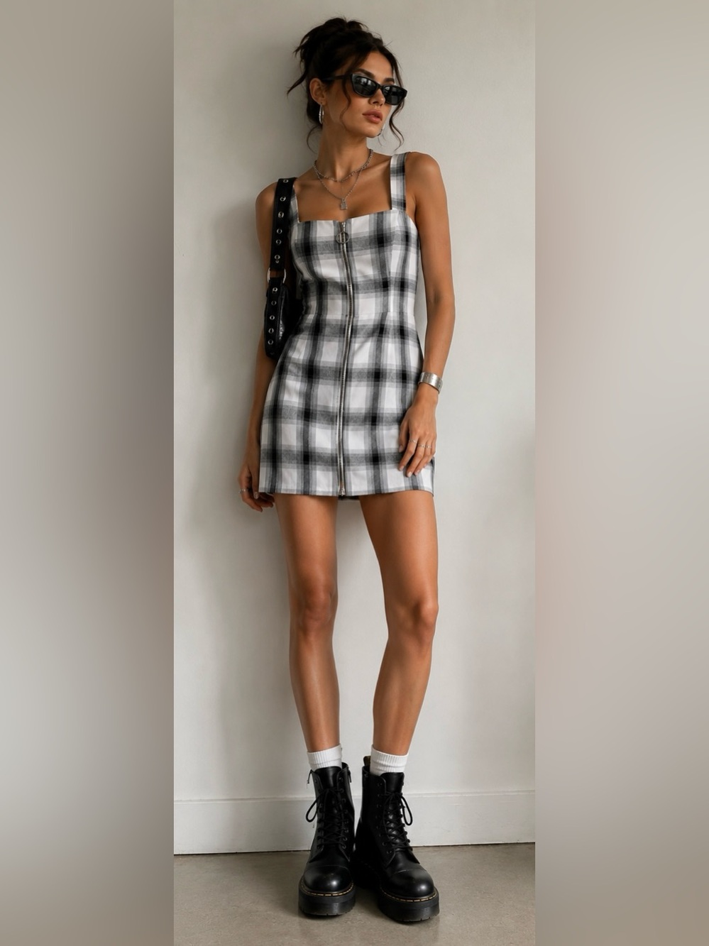 Plaid Zip Front Mini Dress | 90s Grunge Strappy Bodycon Dress